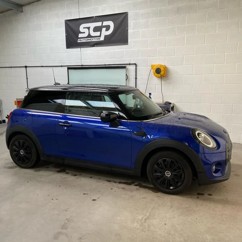 Blue MINI Cooper F56 5% Tint and Beltline Dechrome